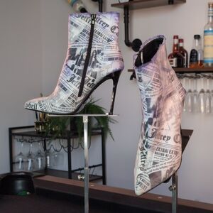 Jeffrey Campbell Achava-2P Newspaper Print Clear Booties